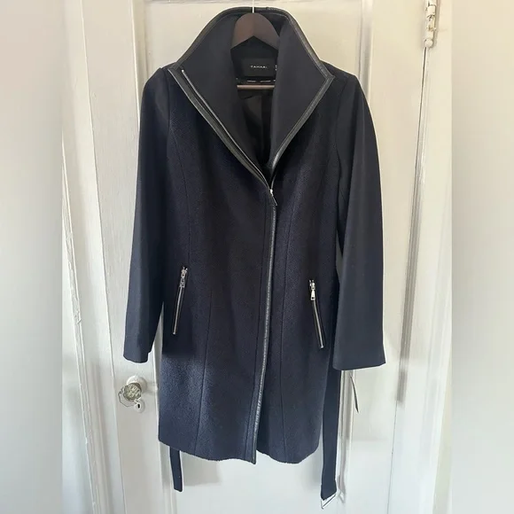 NWT Tahari Elaine Navy Blue Belted Wool Coat with Faux Leather Trim - Picture 1 of 11